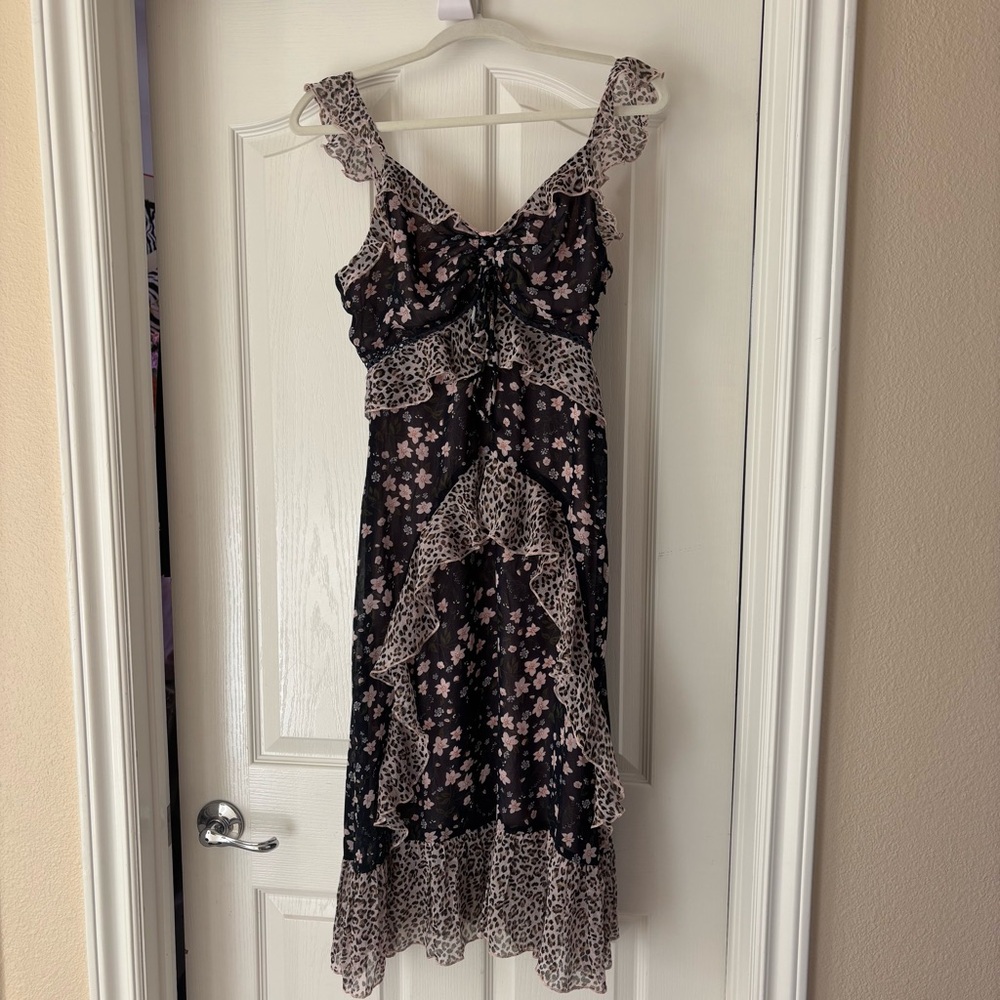 Sugarlips Black Floral & Leopard Ruffle Chiffon Midi Dress